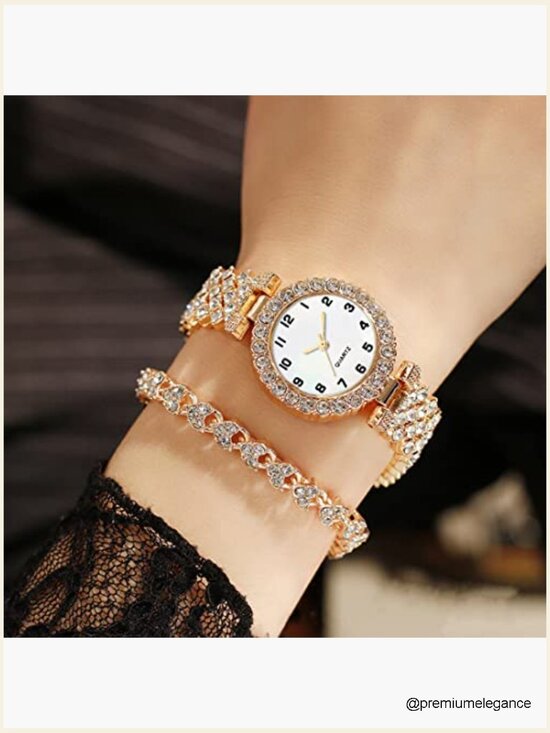 Luxury Diamond Dial Quartz Wrist Watch Set with Bangle Bracelet